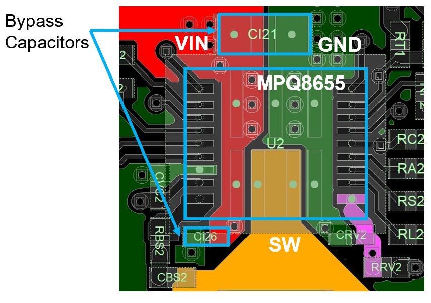 PCB 布局显示了高速设计的去耦电容器布局