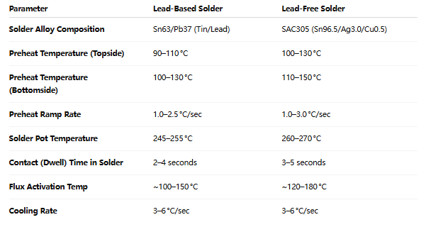 含铅焊料和无铅焊料的波峰焊温度范围比较图。