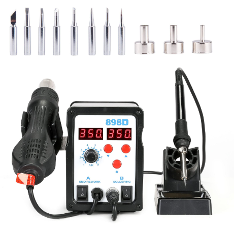 用于混合技术 PCB 组装的焊接工具，包括烙铁和热风站。