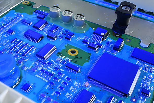 灌封 PCB 的横截面显示保护树脂层