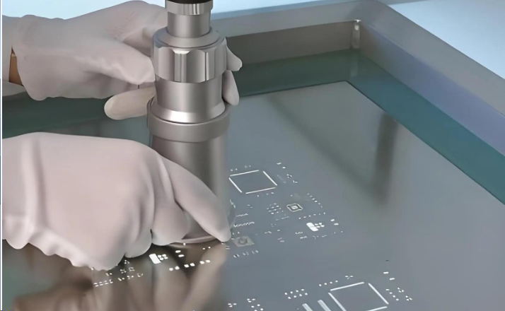 使用微型模板应用焊膏以进行 SMD 设计放置。 使用微型模板应用焊膏以进行 SMD 设计放置。