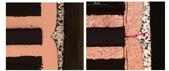 PCB 横截面图像突出显示内部缺陷,例如通孔中的空隙。 PCB 横截面图像突出显示内部缺陷,例如通孔中的空隙。