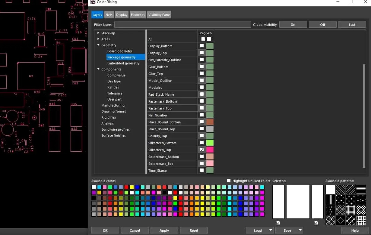 显示丝印层颜色和文本设置的 PCB 设计软件。 显示丝印层颜色和文本设置的 PCB 设计软件。