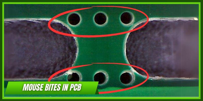 PCB分离片上鼠标咬伤穿孔设计的特写 PCB分离片上鼠标咬伤穿孔设计的特写