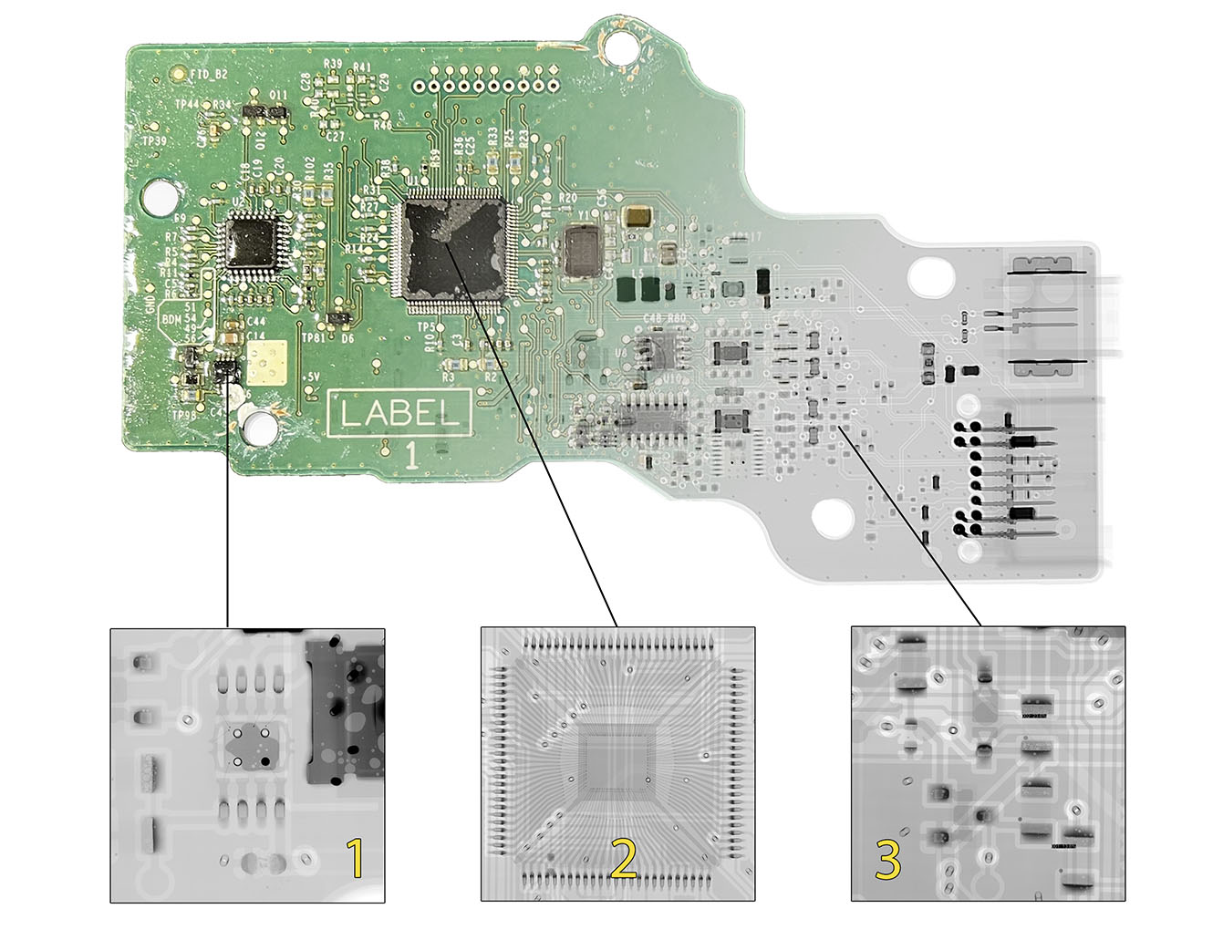 PCB X射线图像与显示隐藏缺陷的正常视图