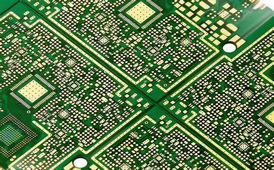 VR头戴式设备HDI PCB特写，带有微孔和细迹线